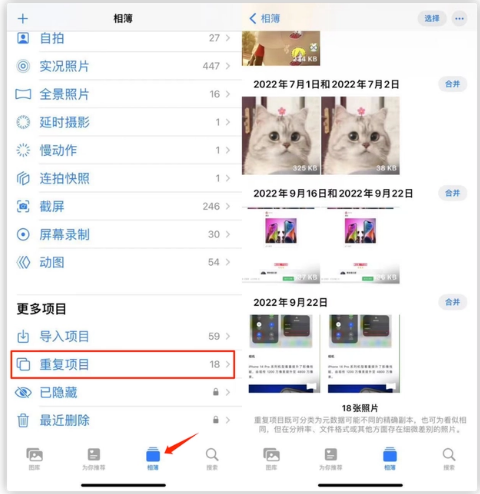 阜城苹果手机维修分享iOS 16 中相册重复项目功能使用方法 
