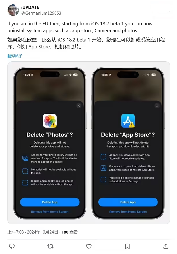 阜城苹果手机维修分享iOS 18.2 支持删除 App Store 应用商店 