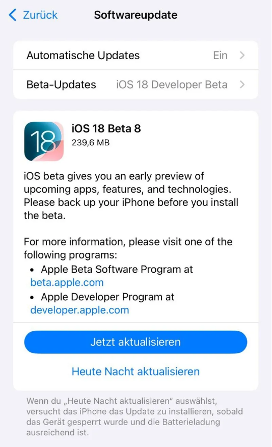 阜城苹果手机维修分享苹果 iOS / iPadOS 18 开发者预览版 Beta 8 发布 